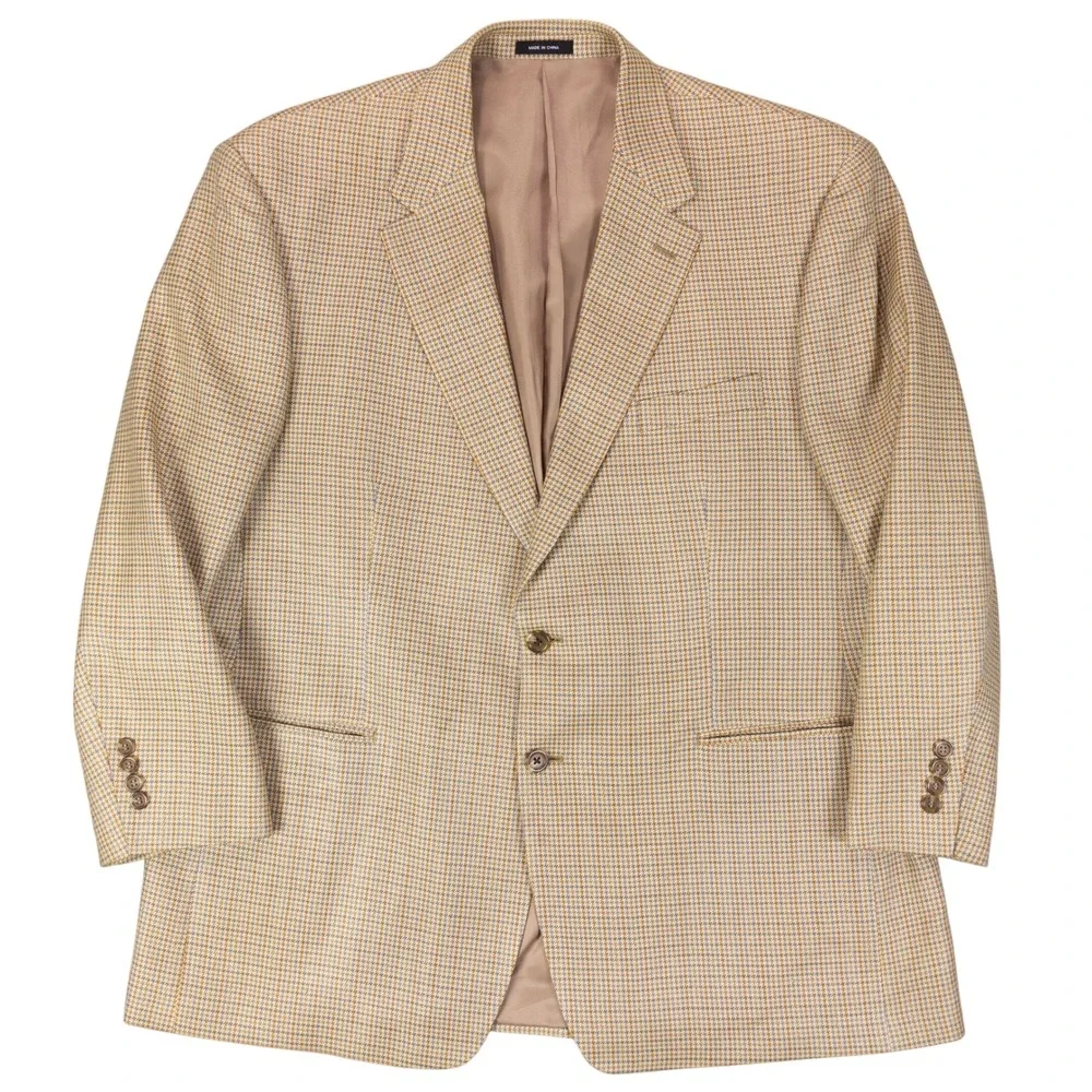 Lauren Ralph Lauren Blazer Mens 48R Tan Brown Houndstooth 100% Silk Sport Coat
